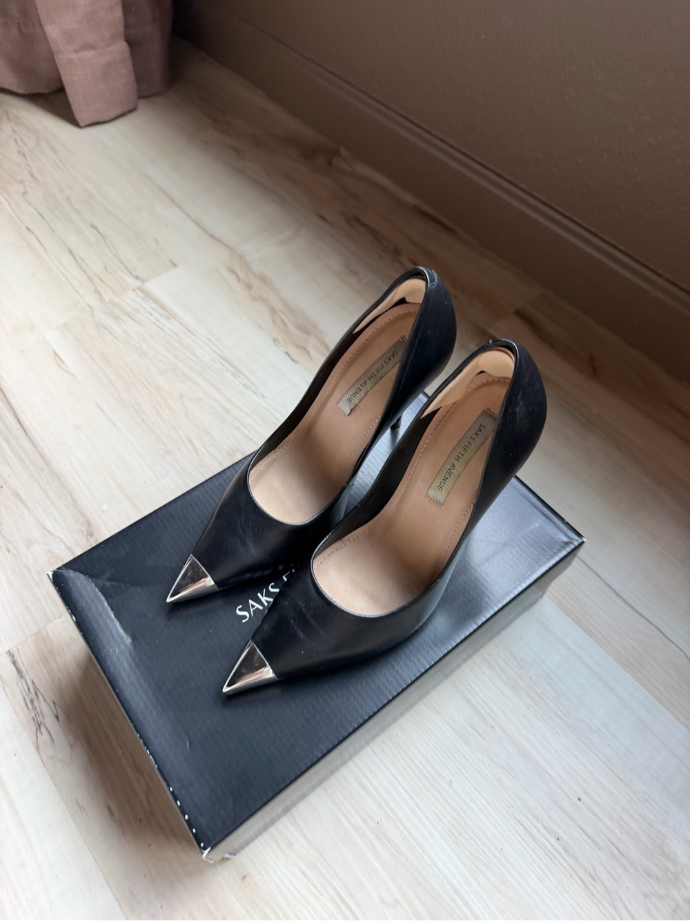 Saks Fifth Avenue Black Pointed Toe Pumps with Silver Toe Cap